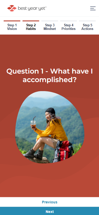 Best Year Yet app — guided reflection question screen