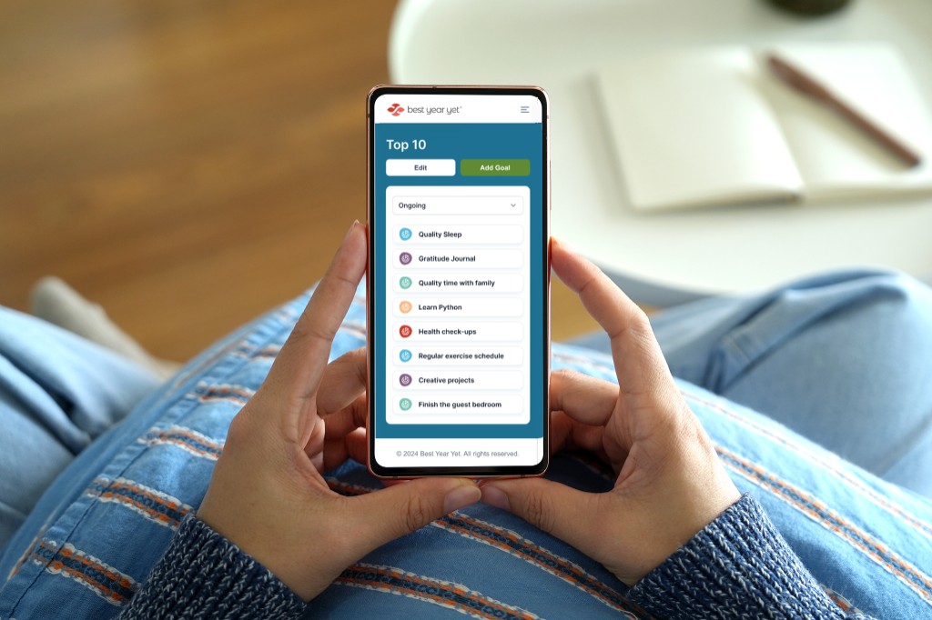 Best Year Yet app — Top 10 priorities on a phone